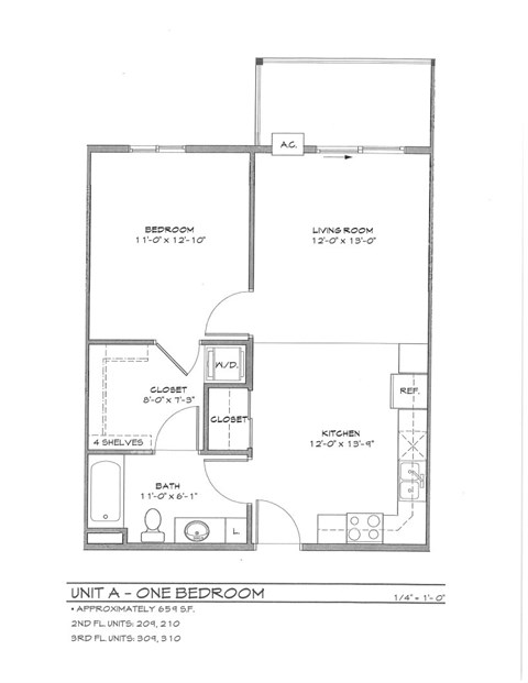 Floor plan for 1 bed, 1 bath, 659 sqft